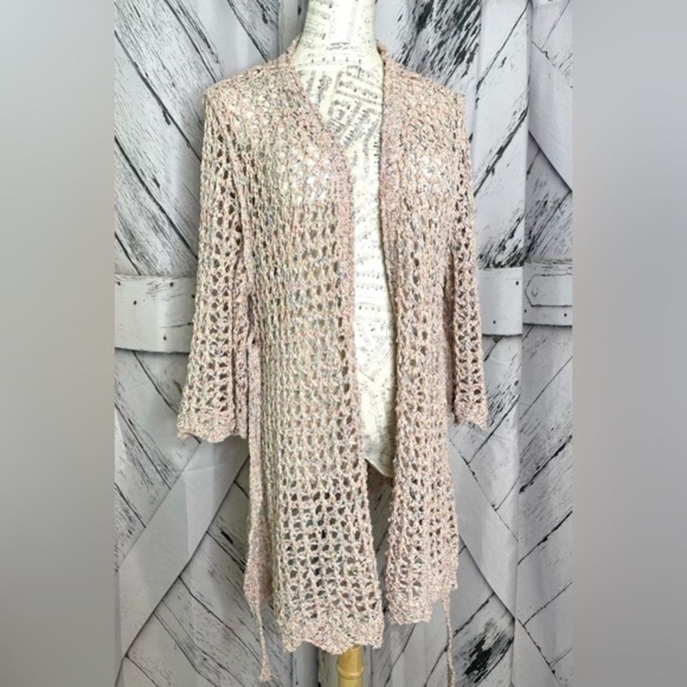 POL Open Knit Crochet Cardigan in Blush Pink